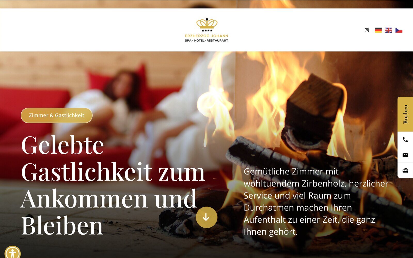 Startseite der neuen Website des Hotels Erzherzog Johann mit Kaminfeuer und Zirbenholz
