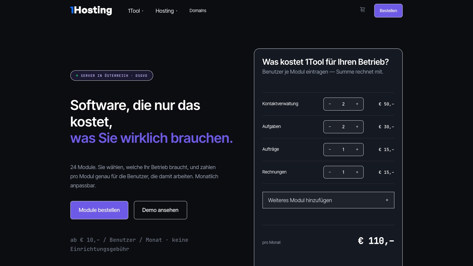 Die Startseite von 1hosting.com mit dem Modulrechner