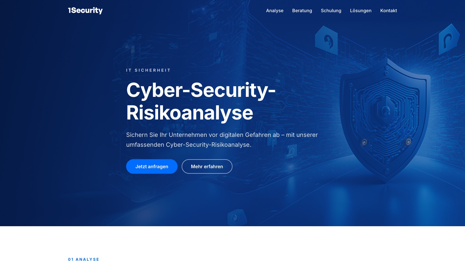 Die Startseite von 1security.at mit der Überschrift Cyber-Security-Risikoanalyse