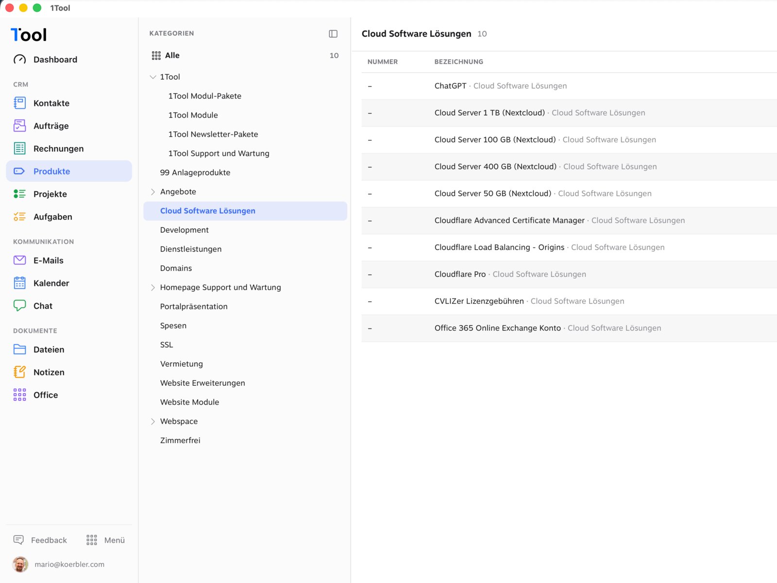 Die 1Tool App auf dem Mac mit Kontakten, Aufträgen, Rechnungen und Produkten in der Seitenleiste
