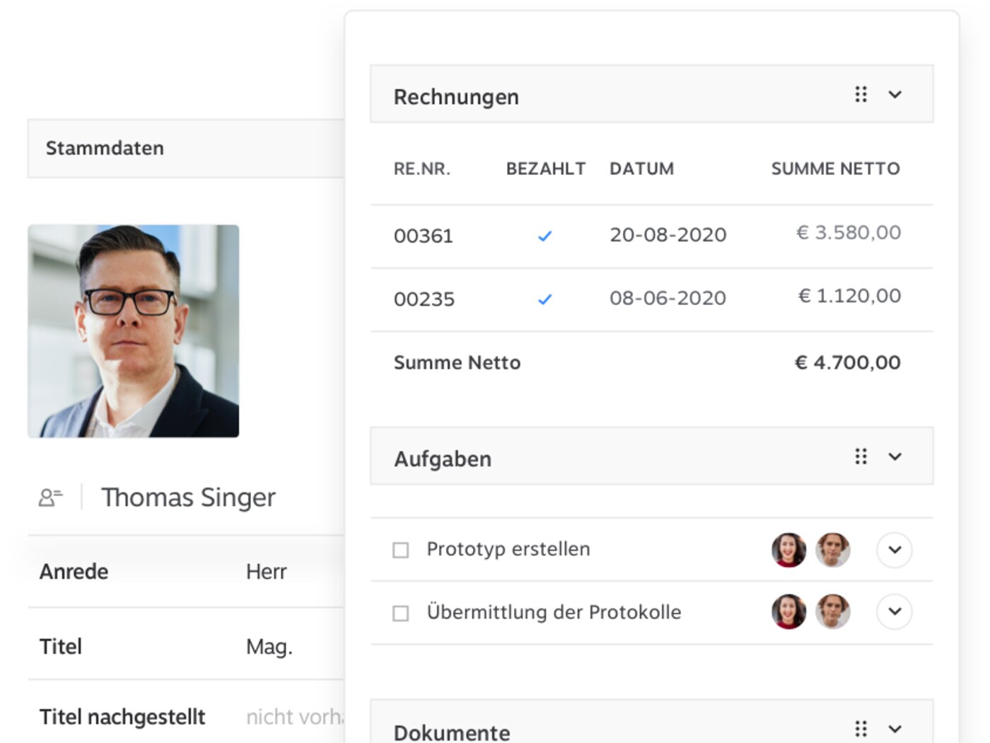Die Kundenakte in 1Tool mit Stammdaten, Modulen und Dokumenten