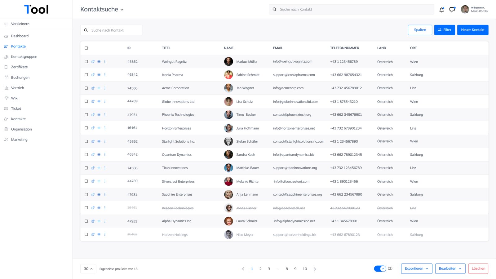 Die Kontaktliste in 1Tool mit Firmen, Adressen und Telefonnummern
