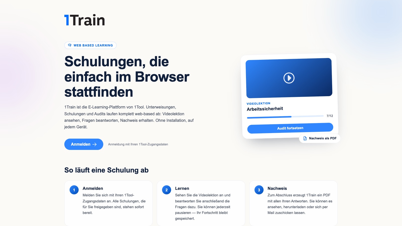 Die Anmeldeseite von 1train.app mit dem Schriftzug 1Train