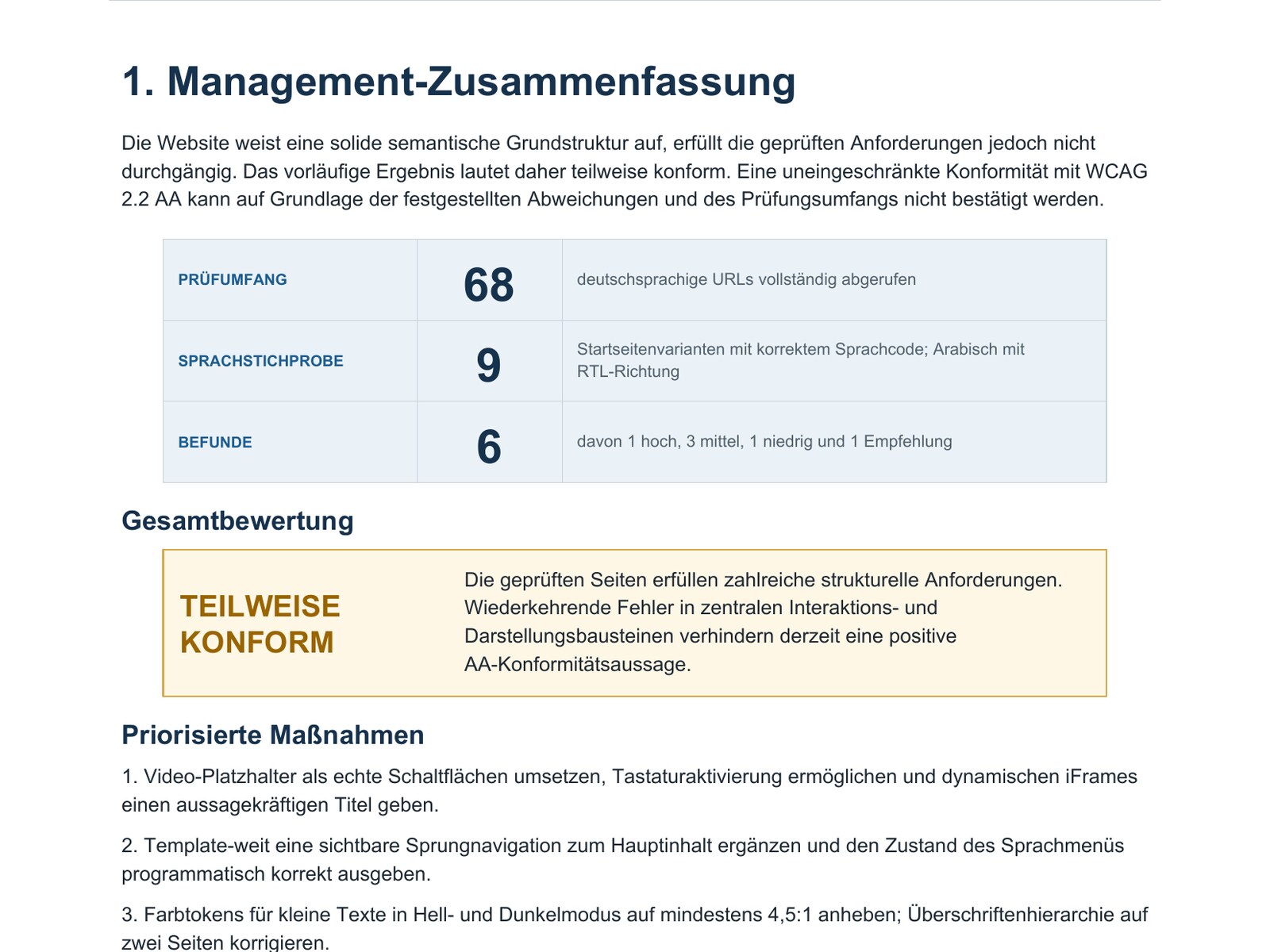 Die Management-Zusammenfassung eines Prüfberichts mit Prüfumfang, Sprachstichprobe und Gesamtbewertung