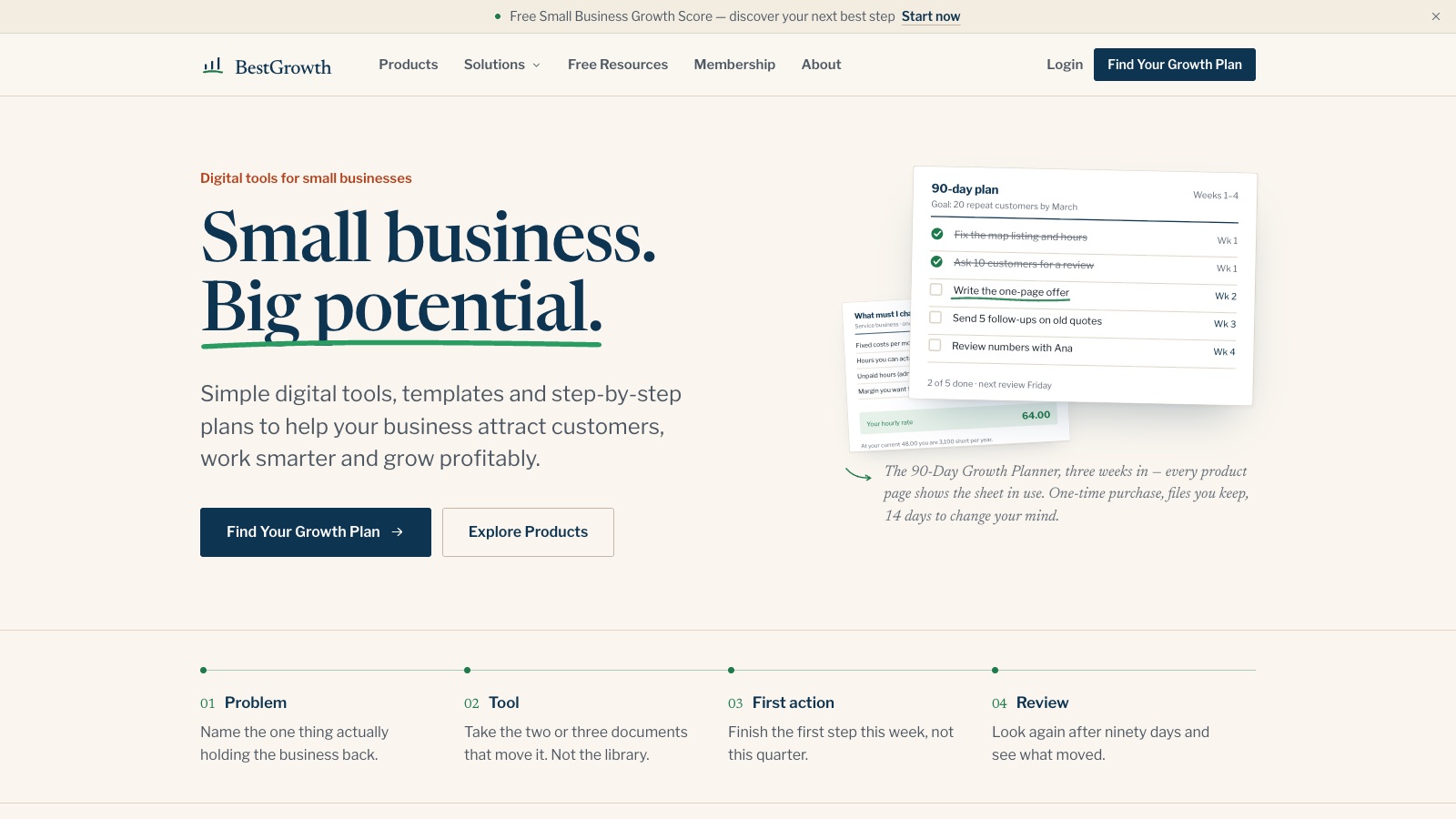 Die Startseite von bestgrowth.com mit dem Kopfbereich Small business. Big potential.