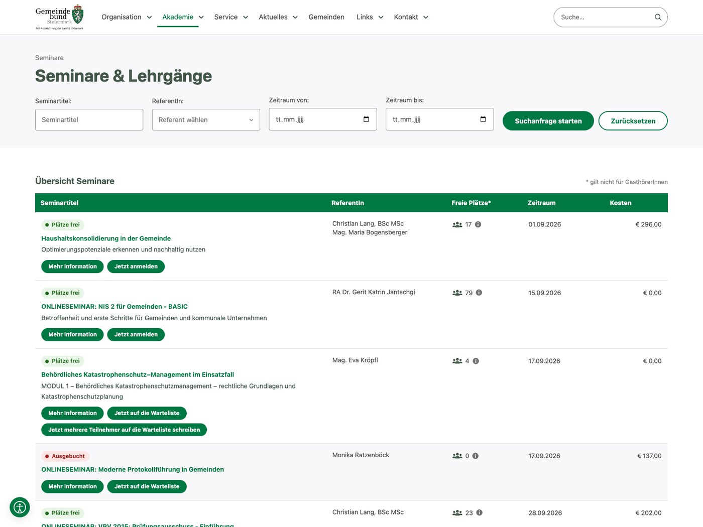 Die Seminarliste des Gemeindebunds Steiermark mit Terminen, freien Plätzen und Anmeldung