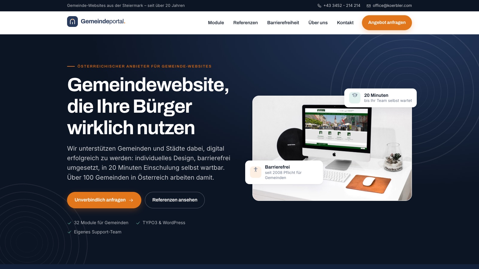 Die Startseite von gemeindeportal.com mit Kopfzeile und Modulhinweisen