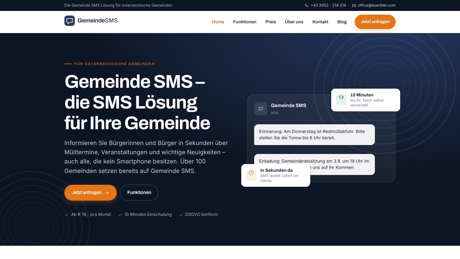 Die Startseite von gemeindesms.com mit Beispielnachrichten am Mobiltelefon
