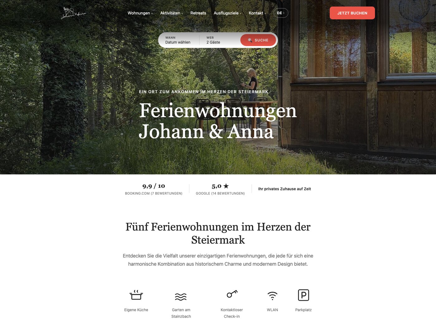 Die Buchungsmaske auf der Startseite von johann-anna.at