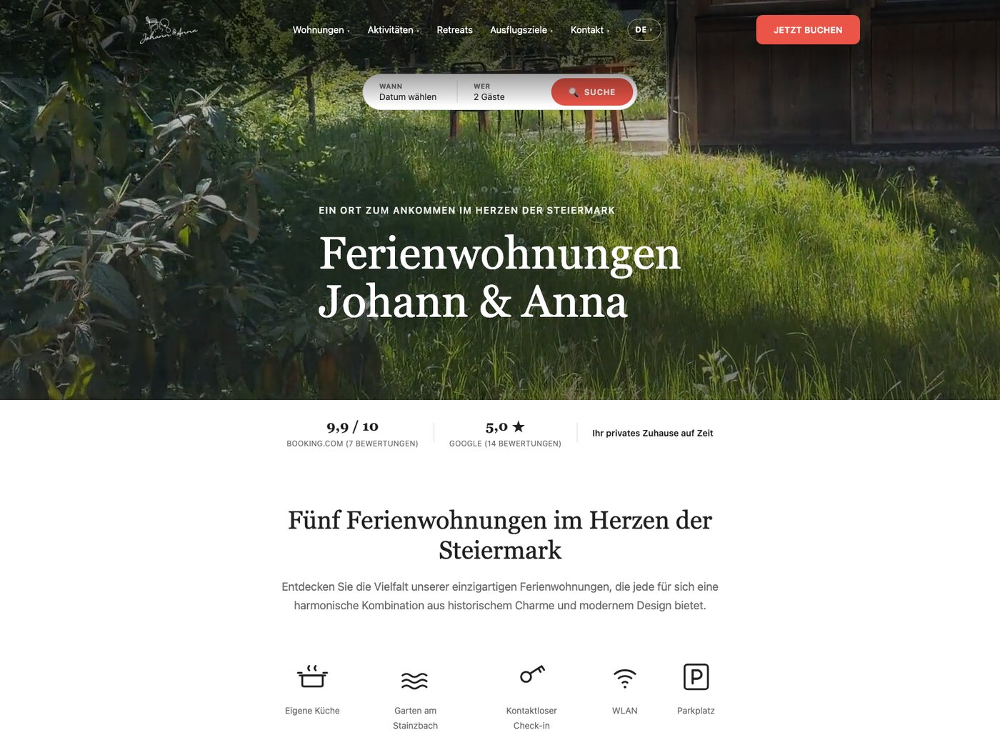 Von uns gebaute Buchungswebsite johann-anna.at