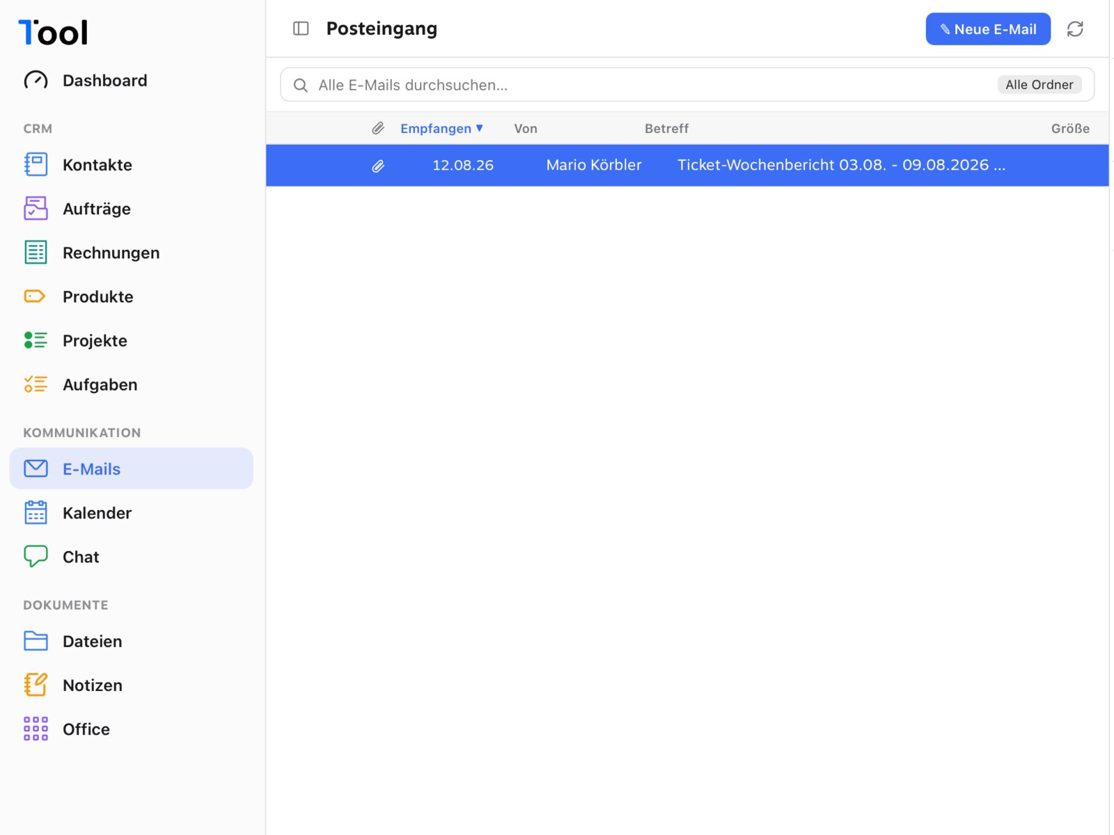 Der Posteingang in der 1Tool App mit Ordnern, Suche und Nachrichtenliste