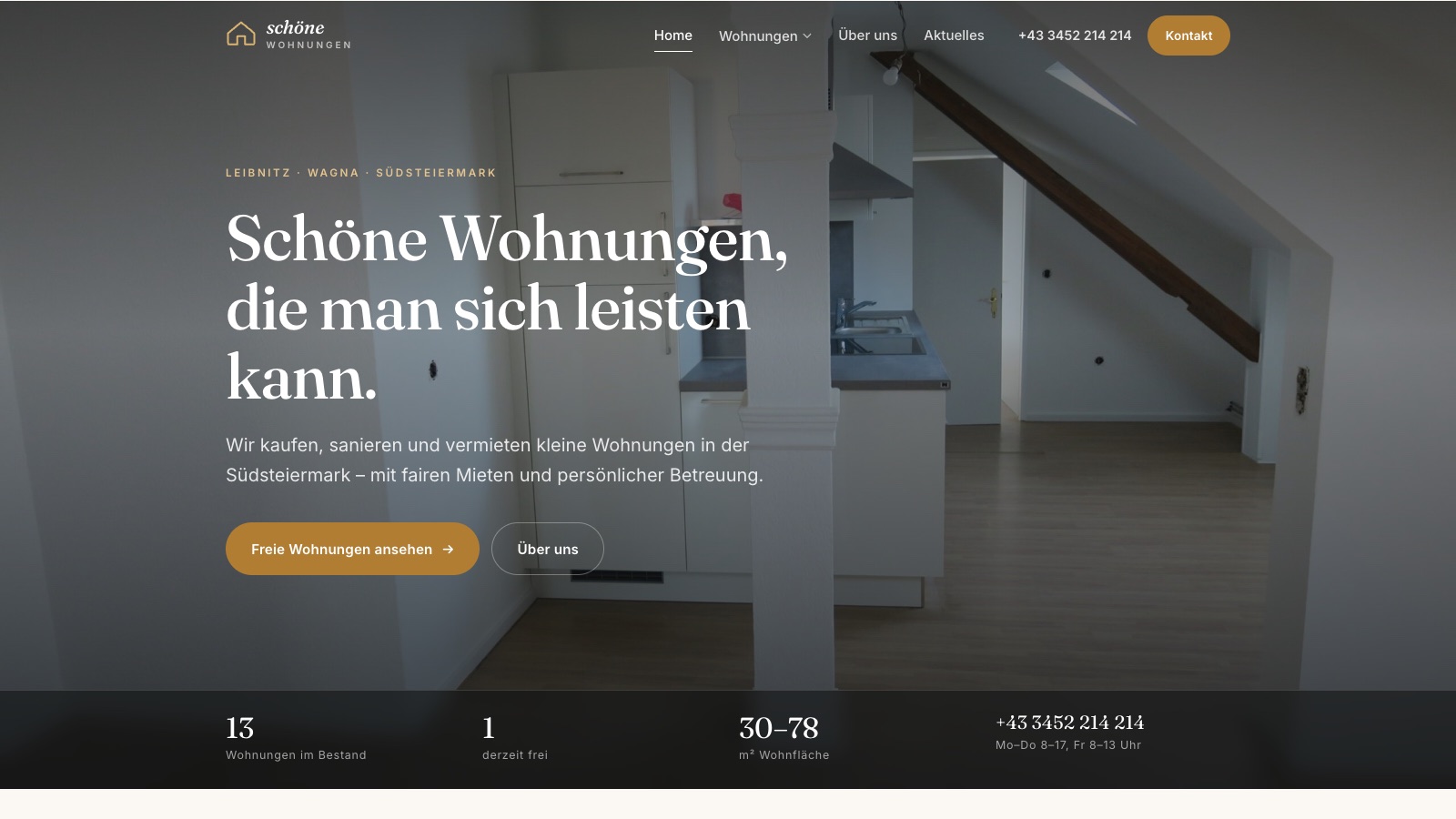 Die Startseite von schoenewohnungen.at mit sanierter Wohnung im Kopfbild