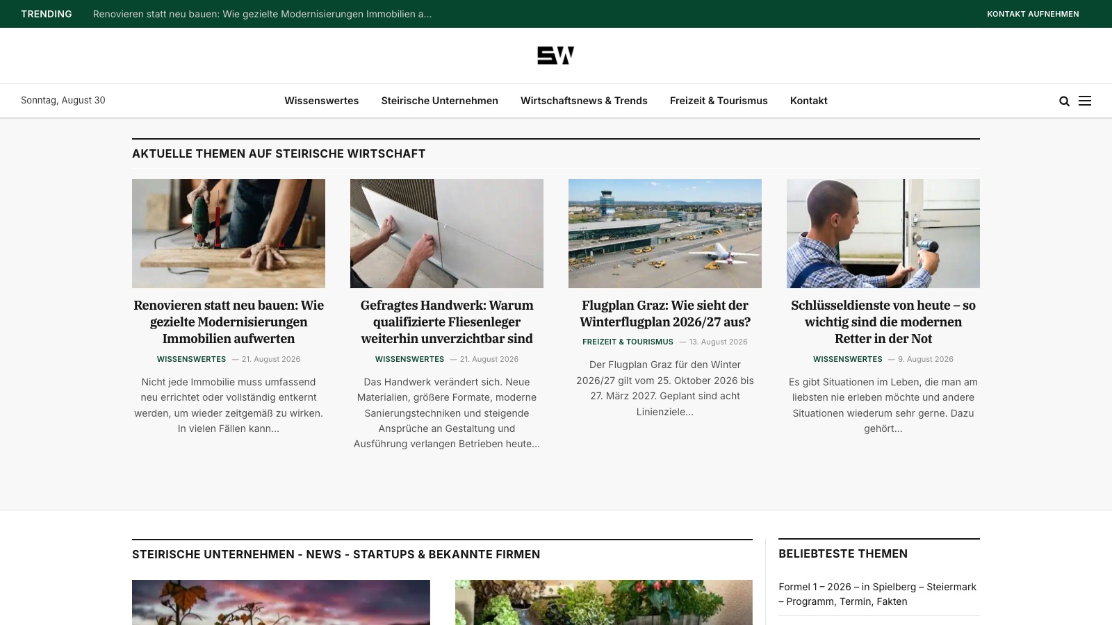 Die Startseite von steirische-wirtschaft.at mit Rubriken und aktuellen Beiträgen