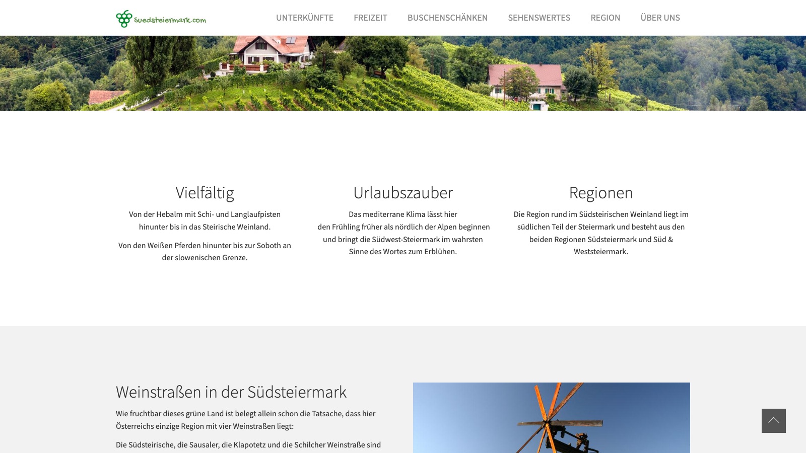 Die Startseite von sued-steiermark.com mit Weinlandschaft und Rubriken