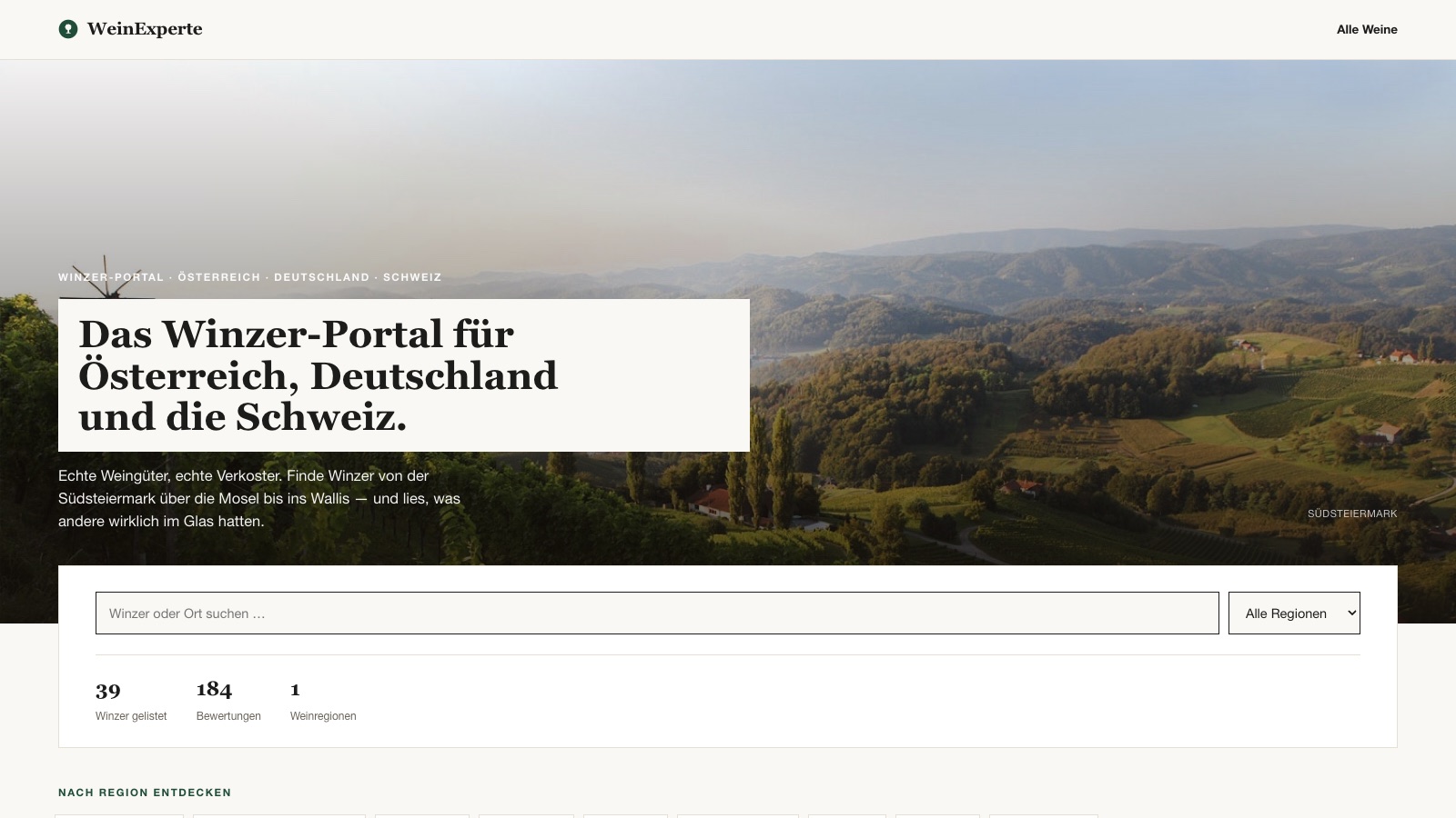 Die Startseite von weinexperte.com mit Weinlandschaft, Suchfeld und Kennzahlen