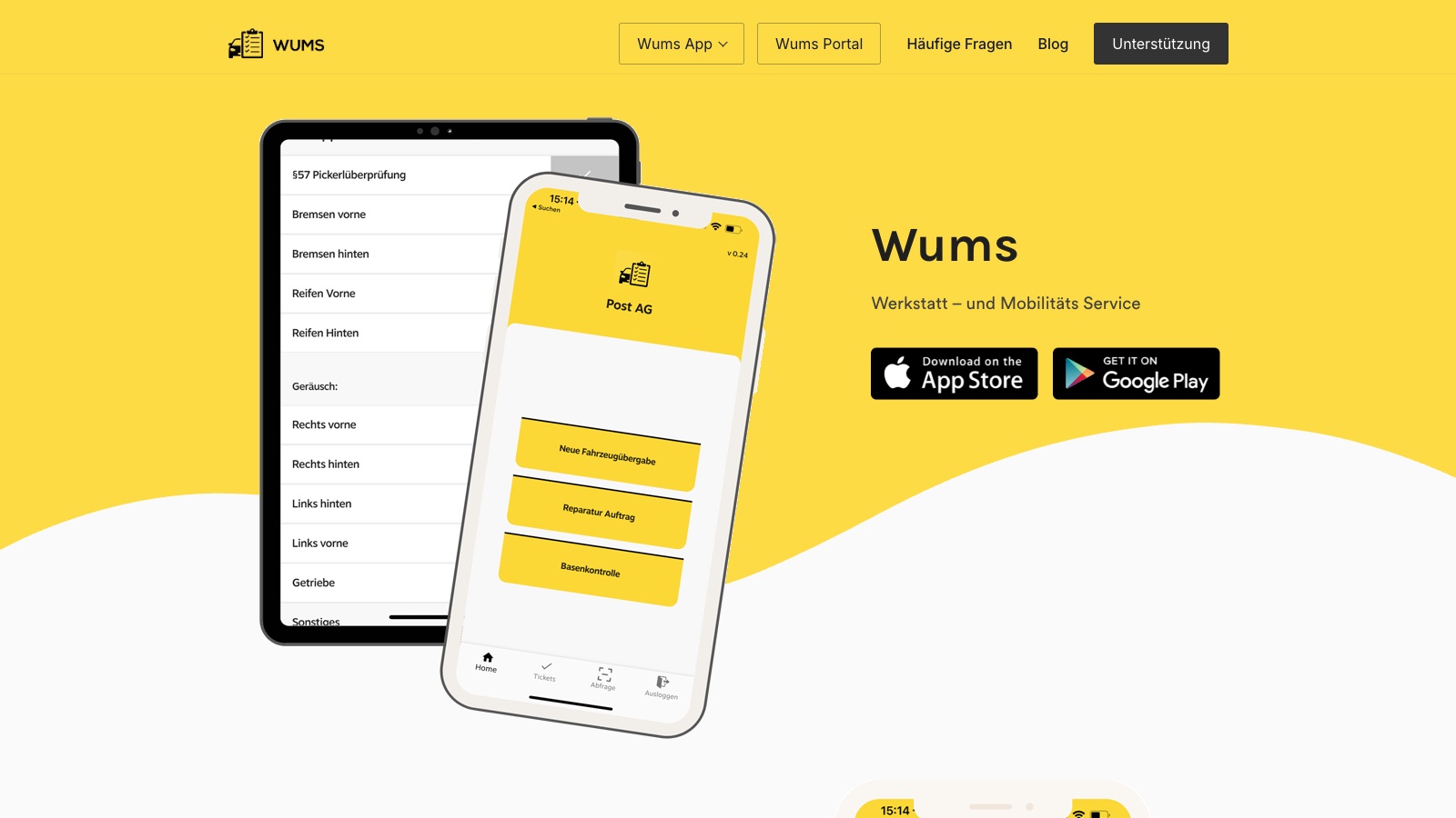 Die Startseite von wumsapp.at mit der WUMS-App auf Telefon und Tablet